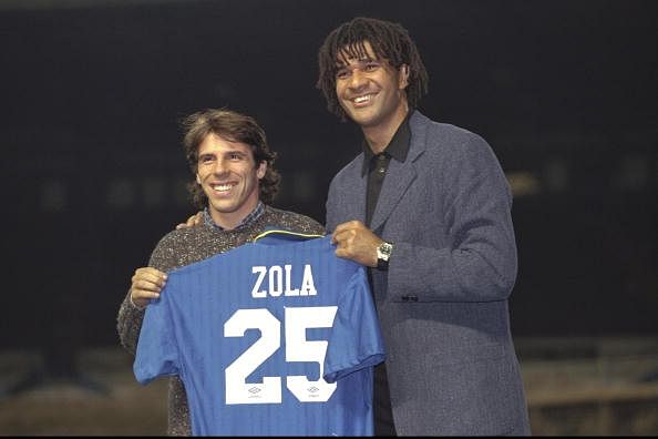 11 Nov 1996: Chelsea new signing Gianfranco Zola meets the press with manager Ruud Gullit (right) at Stamford Bridge in London. Mandatory Credit: Ben Radford/Allsport